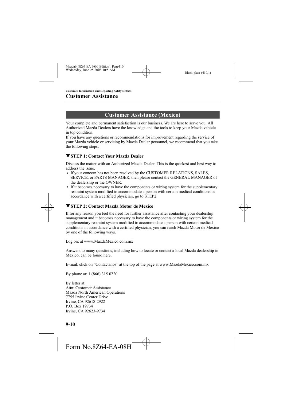 Customer assistance (mexico), Customer assistance | Mazda 2009 6 User Manual | Page 410 / 464