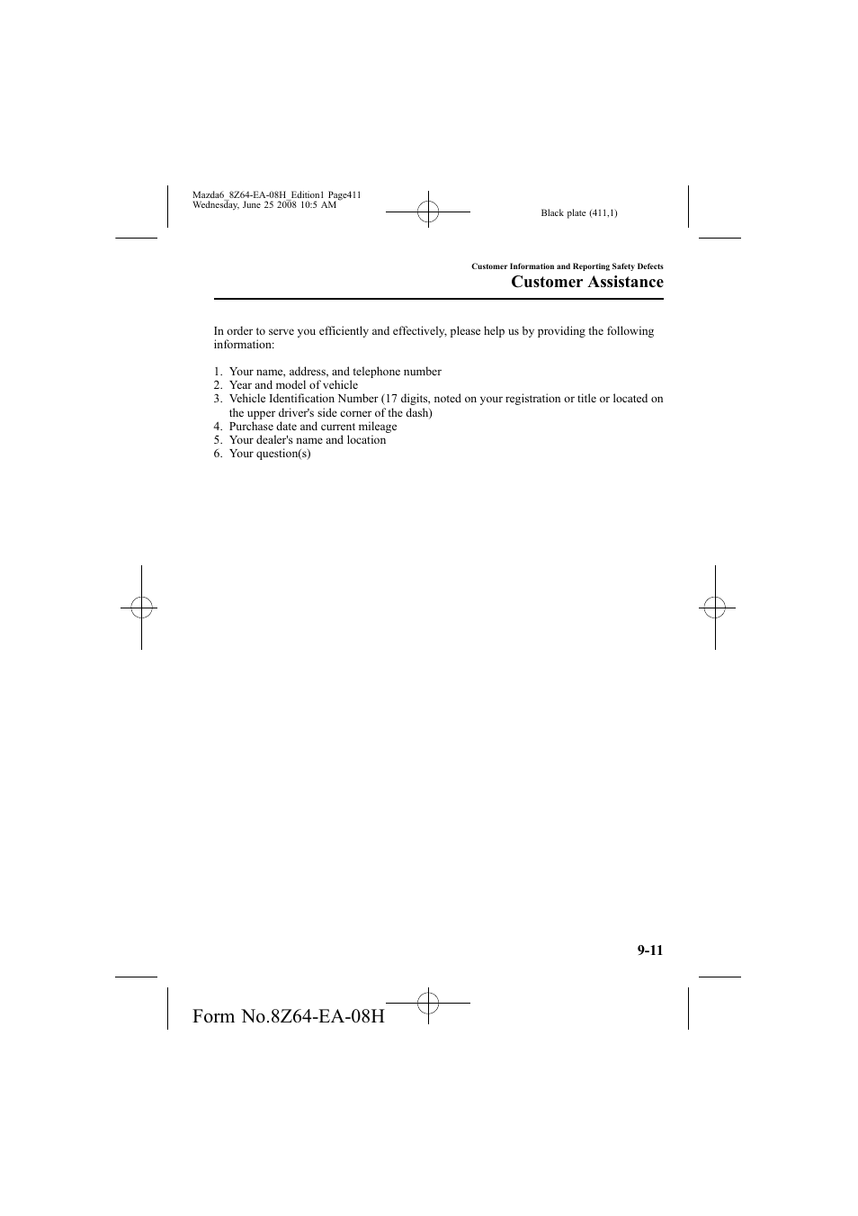 Customer assistance | Mazda 2009 6 User Manual | Page 411 / 464