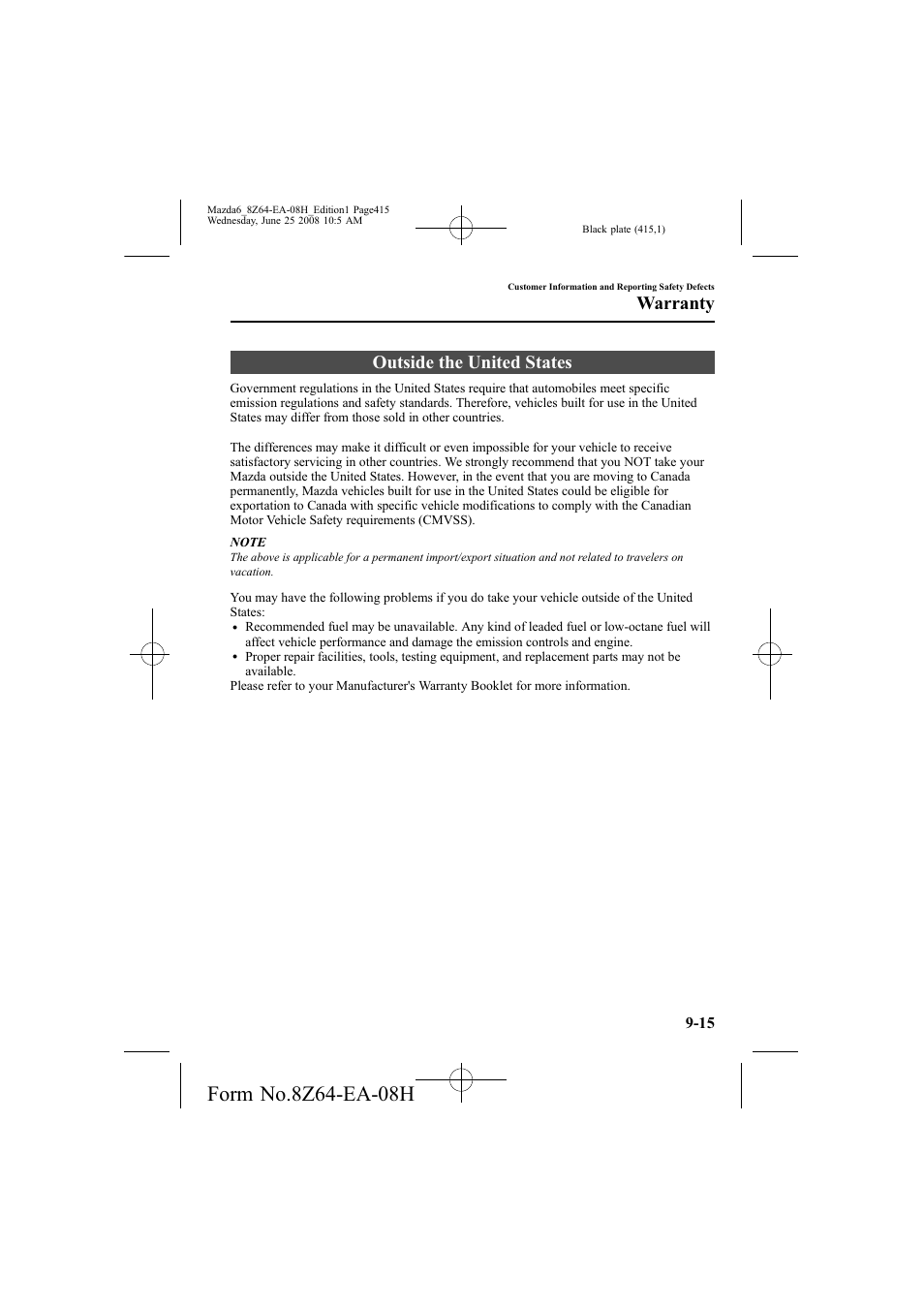 Outside the united states, Warranty | Mazda 2009 6 User Manual | Page 415 / 464