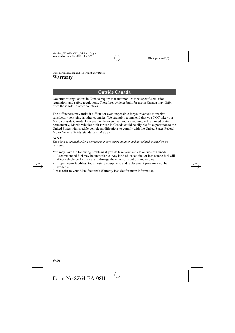 Outside canada, Warranty | Mazda 2009 6 User Manual | Page 416 / 464