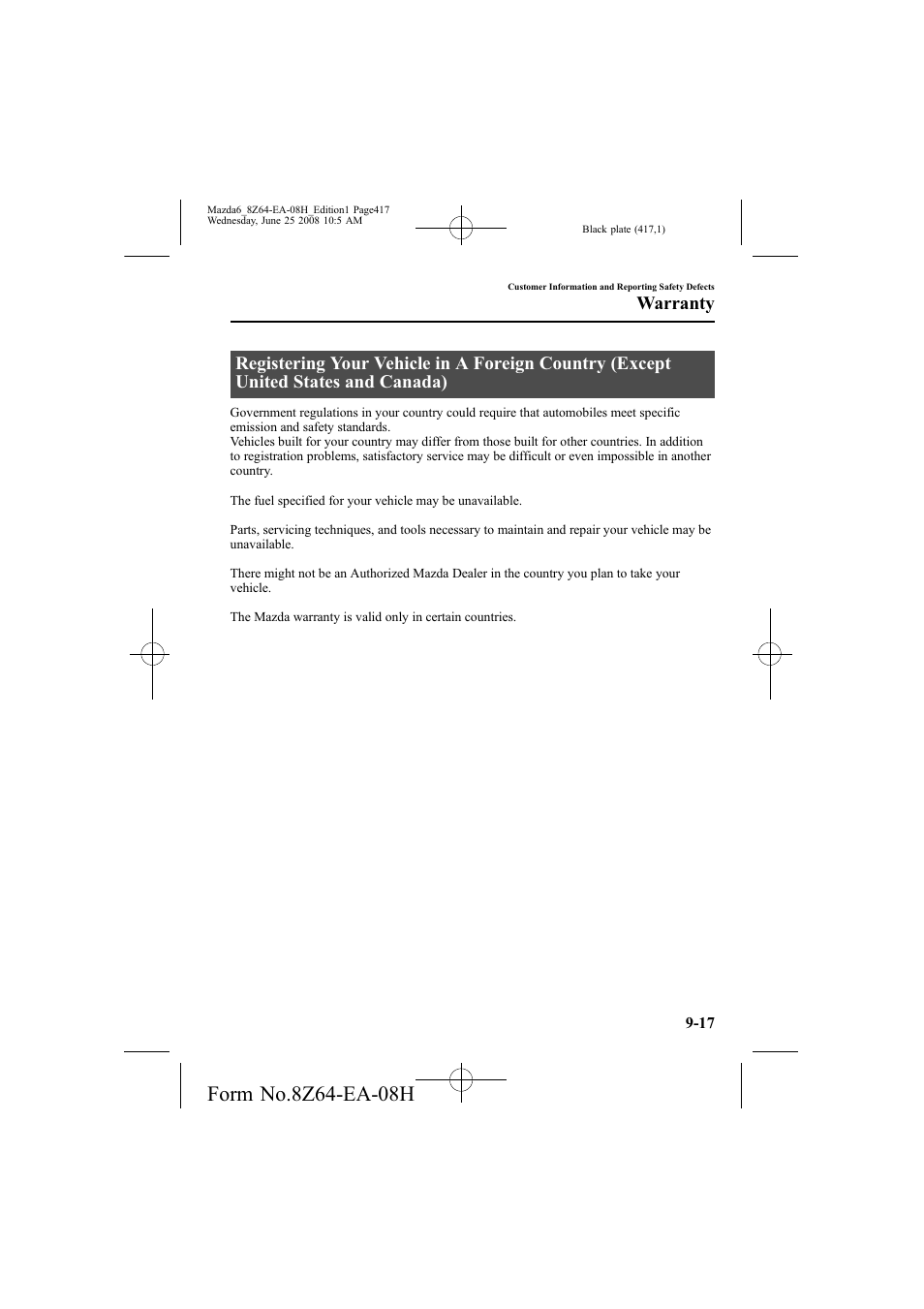 Warranty | Mazda 2009 6 User Manual | Page 417 / 464
