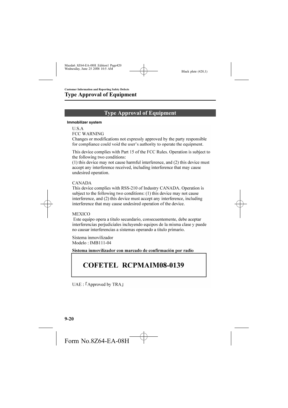 Type approval of equipment | Mazda 2009 6 User Manual | Page 420 / 464