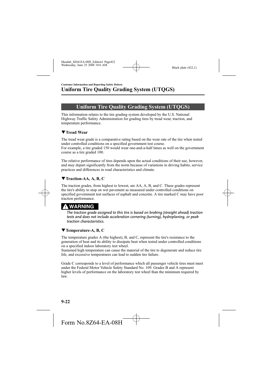 Uniform tire quality grading system (utqgs) | Mazda 2009 6 User Manual | Page 422 / 464