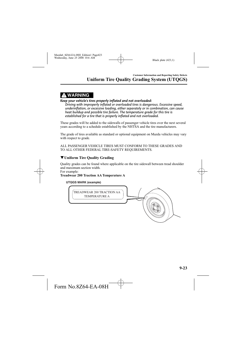 Uniform tire quality grading system (utqgs), Warning | Mazda 2009 6 User Manual | Page 423 / 464