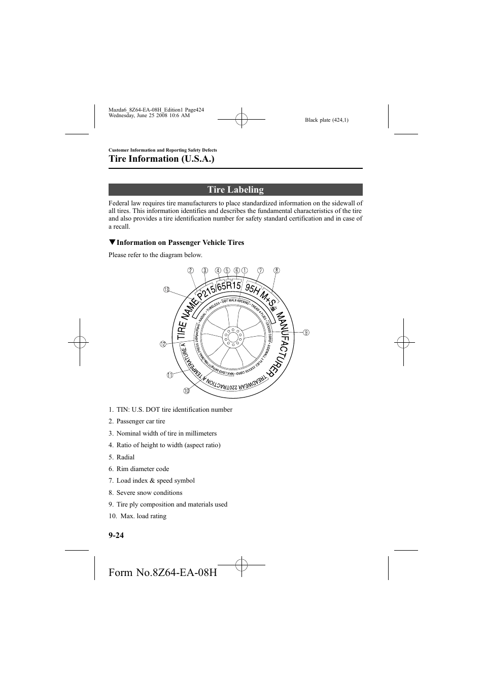 Tire labeling, Tire information (u.s.a.) | Mazda 2009 6 User Manual | Page 424 / 464