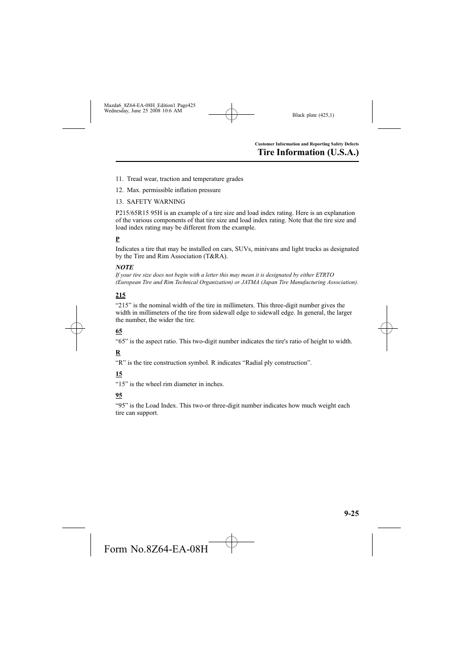 Tire information (u.s.a.) | Mazda 2009 6 User Manual | Page 425 / 464