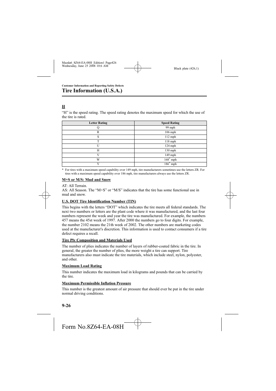 Tire information (u.s.a.) | Mazda 2009 6 User Manual | Page 426 / 464
