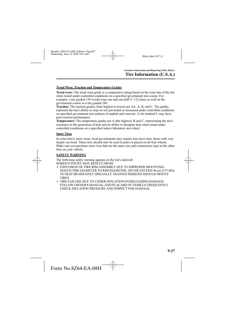 Tire information (u.s.a.) | Mazda 2009 6 User Manual | Page 427 / 464