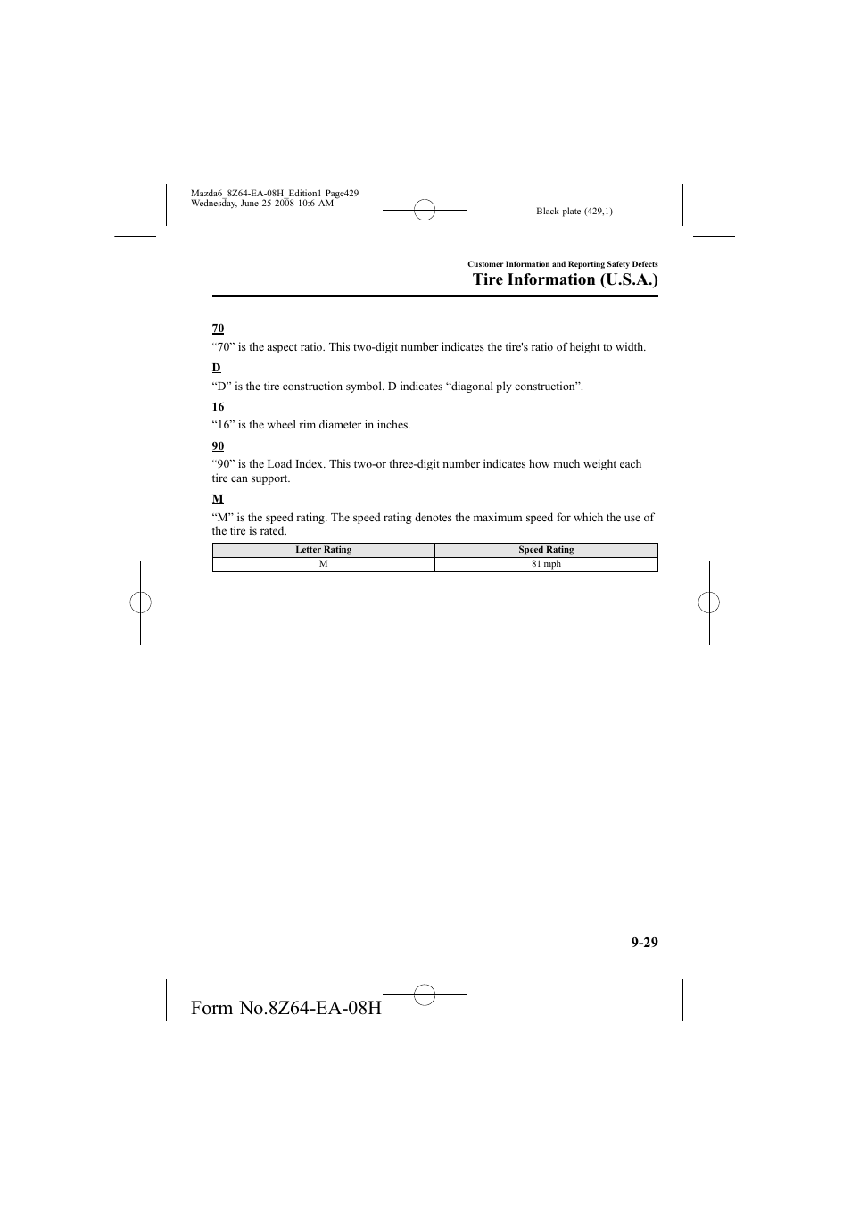 Tire information (u.s.a.) | Mazda 2009 6 User Manual | Page 429 / 464