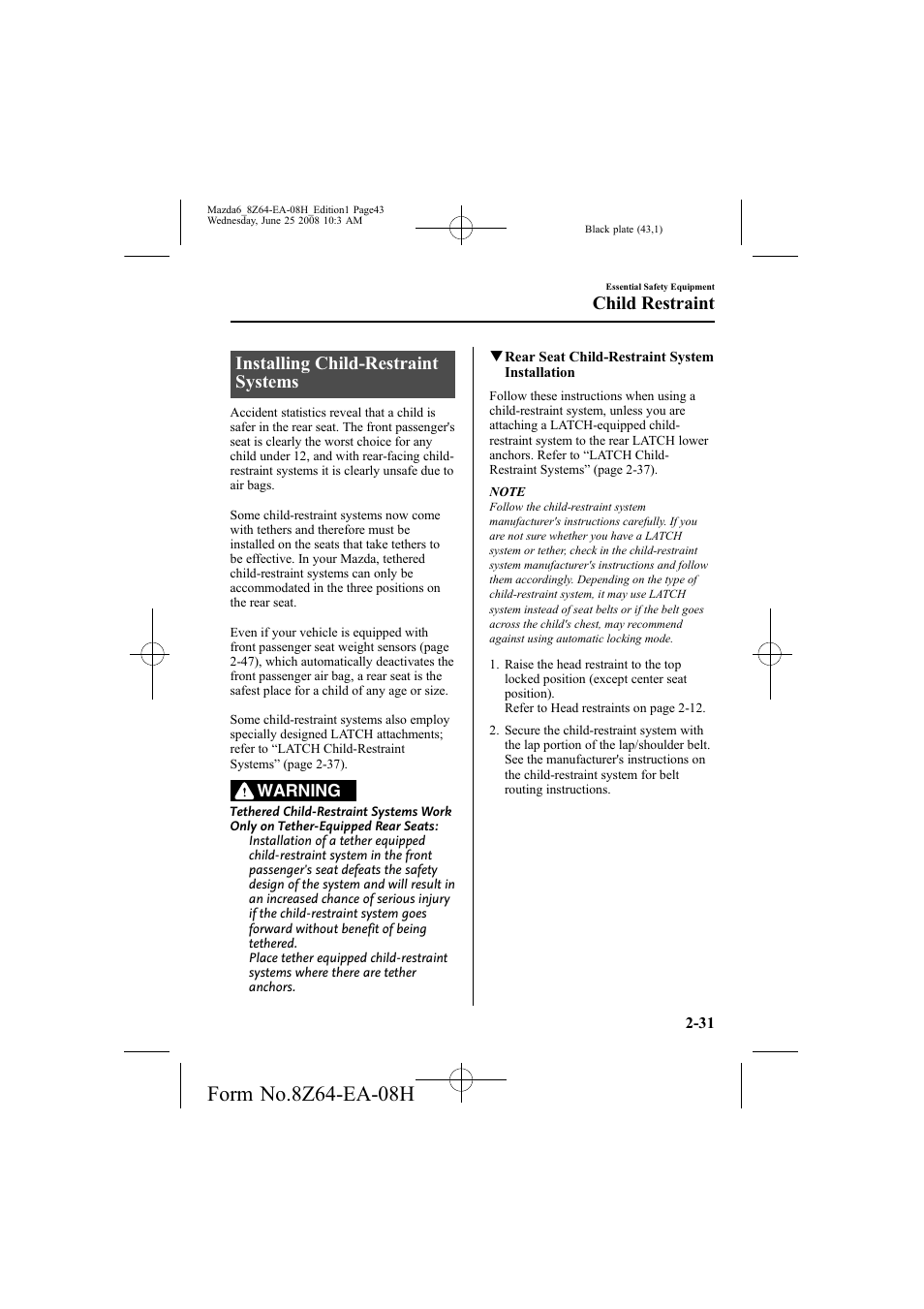 Installing child-restraint systems, Child restraint | Mazda 2009 6 User Manual | Page 43 / 464