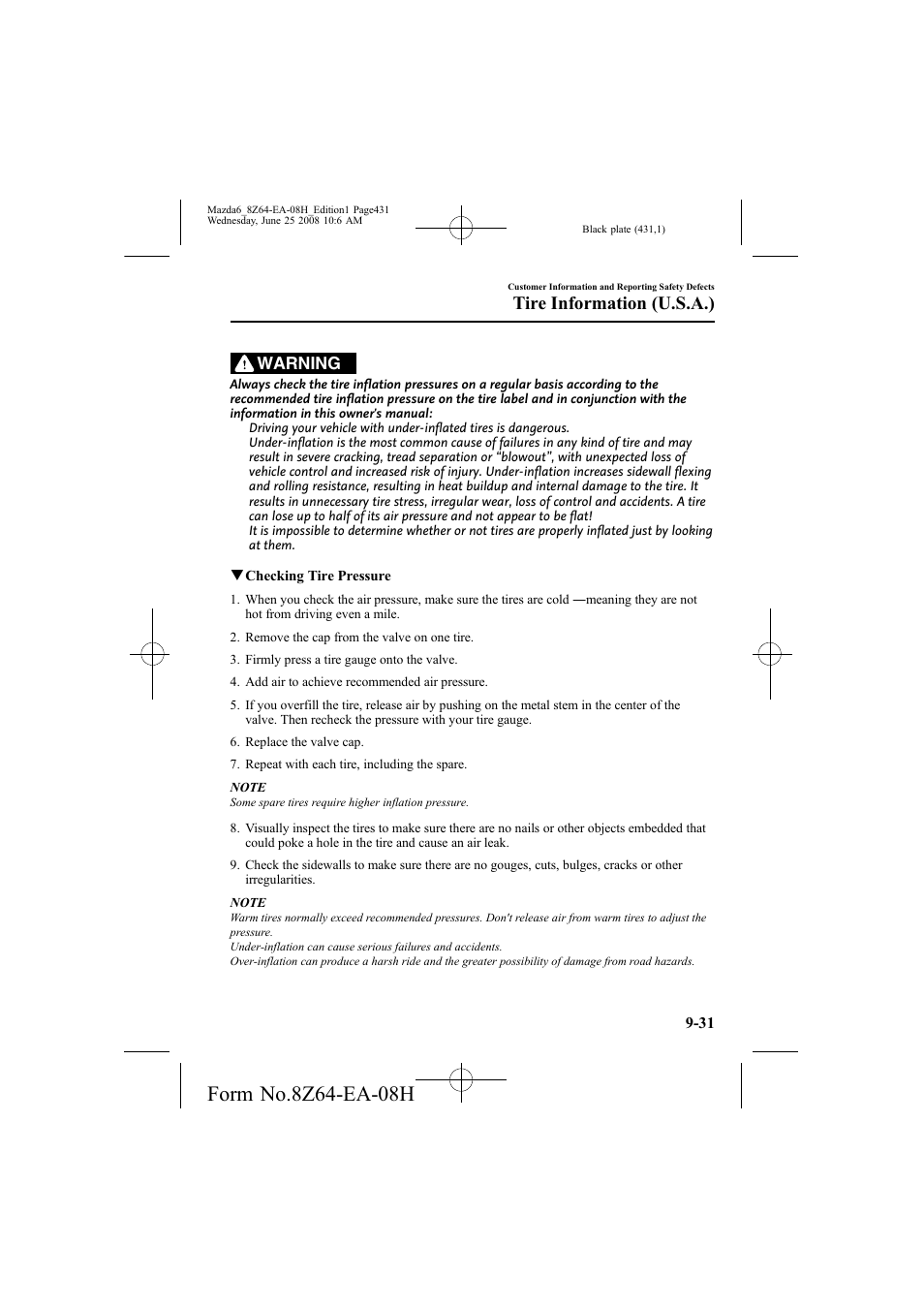 Tire information (u.s.a.), Warning | Mazda 2009 6 User Manual | Page 431 / 464