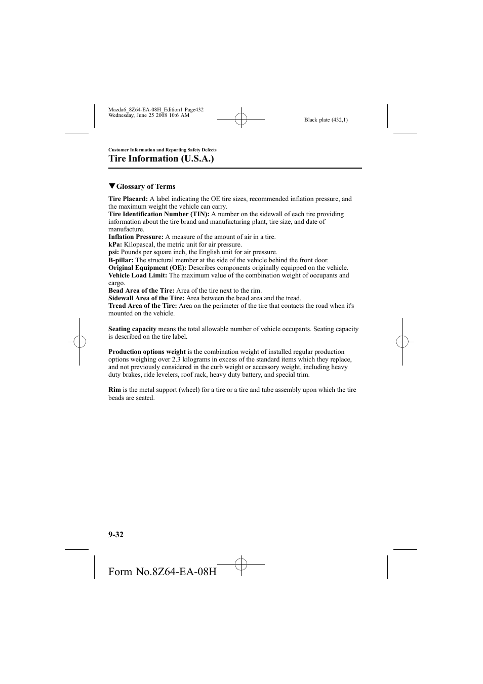 Tire information (u.s.a.) | Mazda 2009 6 User Manual | Page 432 / 464