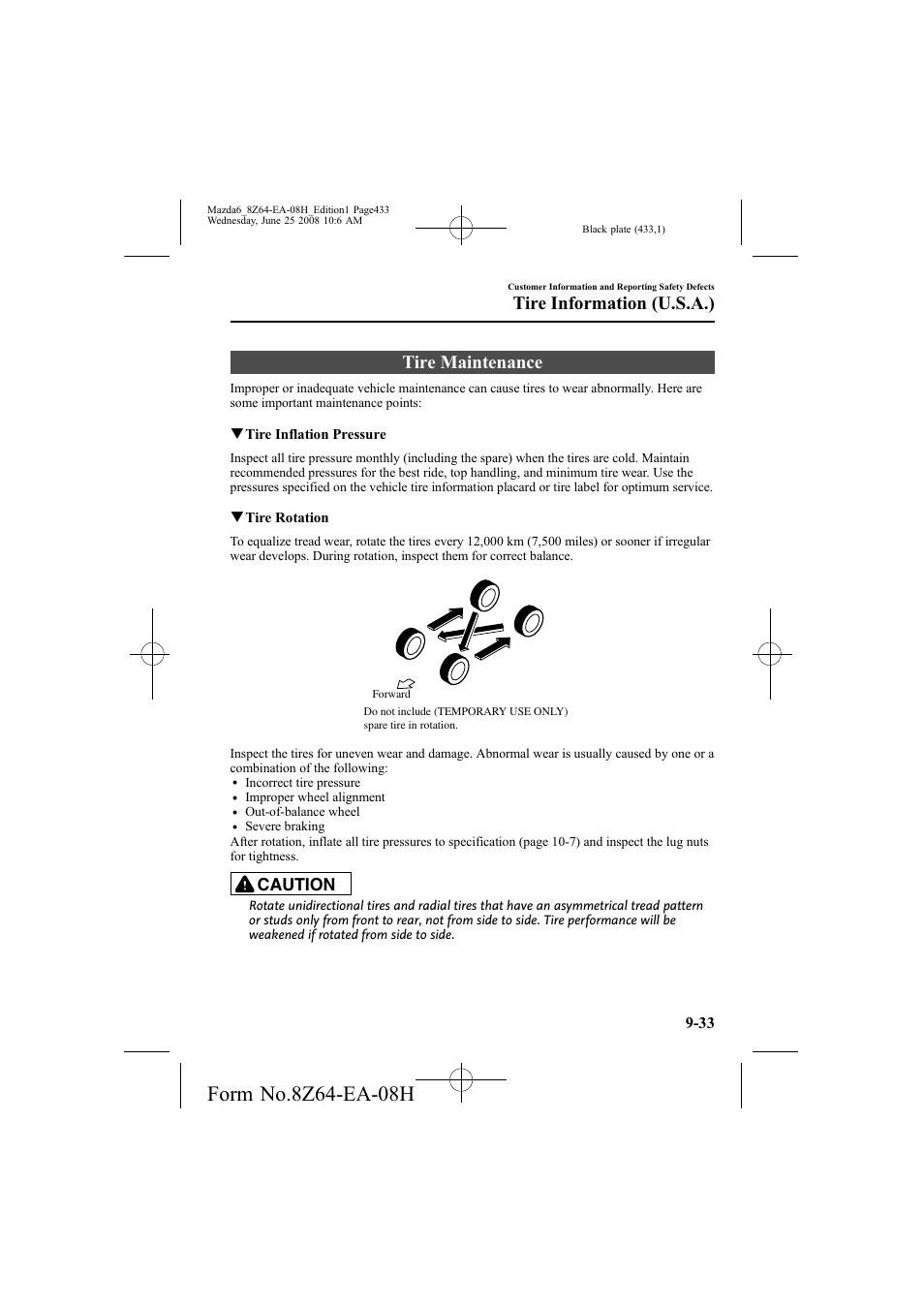 Tire maintenance, Tire information (u.s.a.), Caution | Mazda 2009 6 User Manual | Page 433 / 464