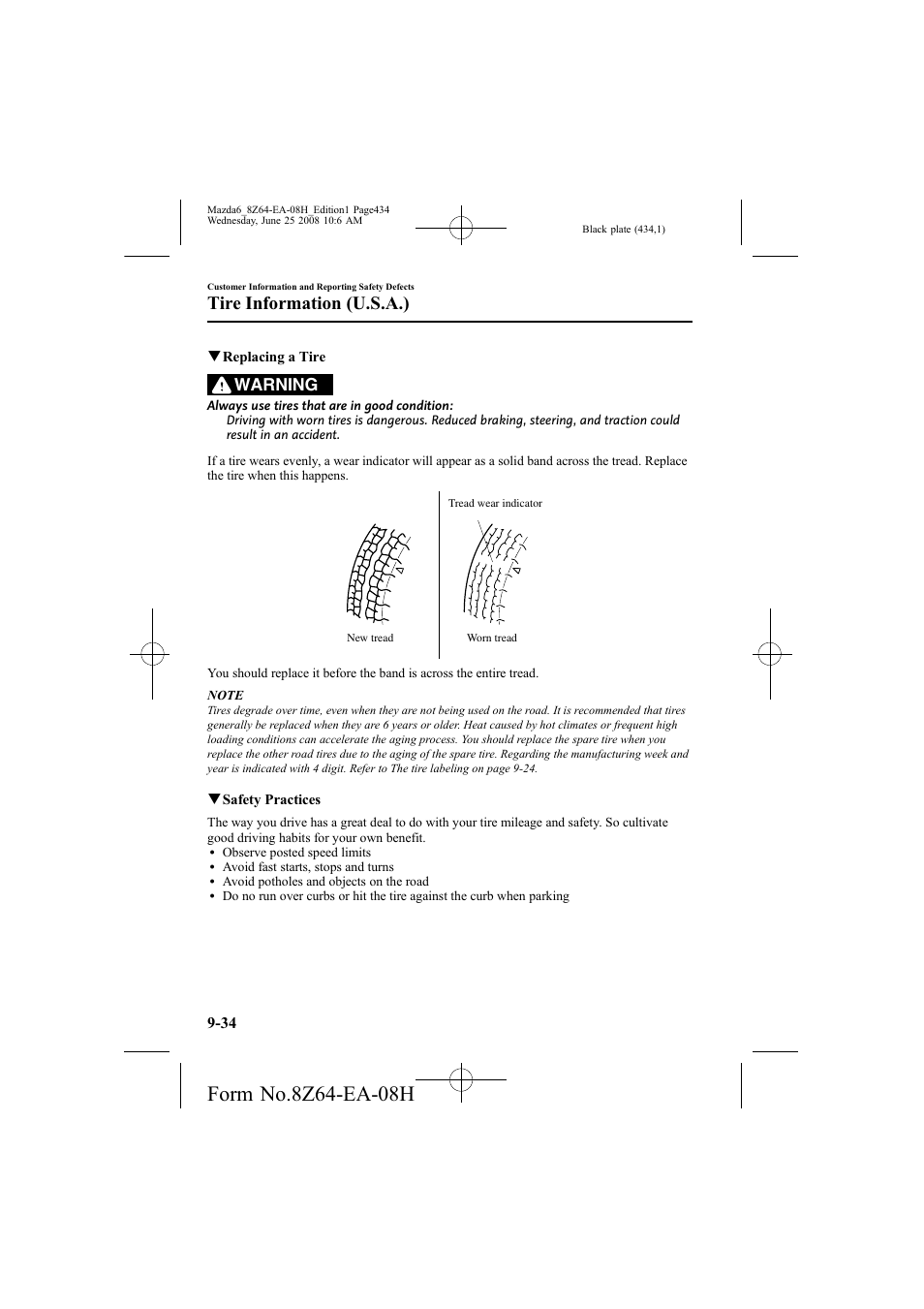 Tire information (u.s.a.), Warning | Mazda 2009 6 User Manual | Page 434 / 464