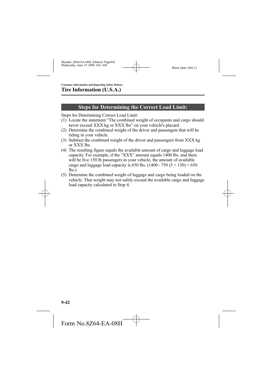 Steps for determining the correct load limit, Tire information (u.s.a.) | Mazda 2009 6 User Manual | Page 442 / 464