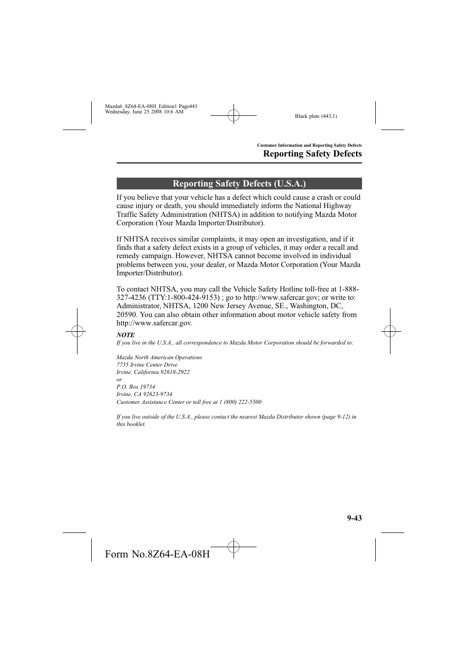 Reporting safety defects (u.s.a.), Reporting safety defects | Mazda 2009 6 User Manual | Page 443 / 464