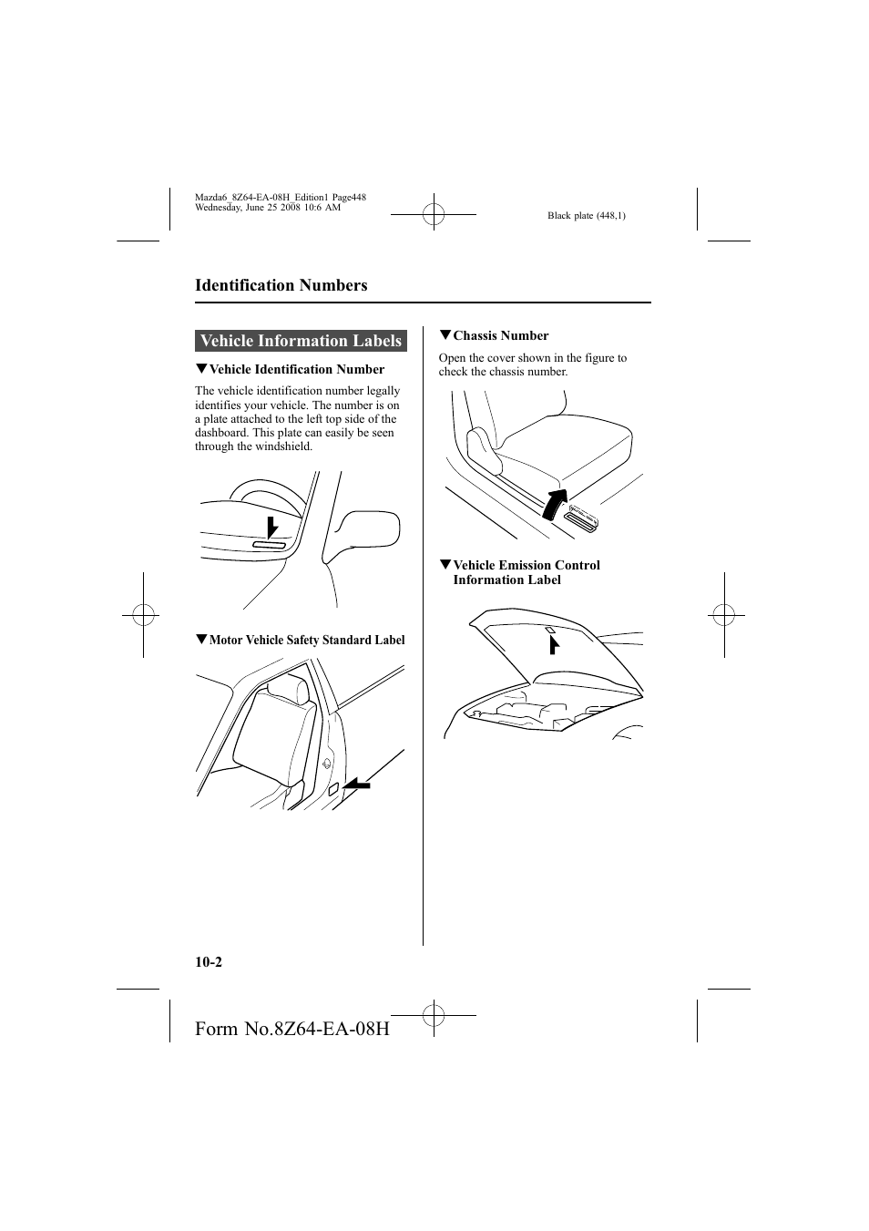 Vehicle information labels, Identification numbers | Mazda 2009 6 User Manual | Page 448 / 464