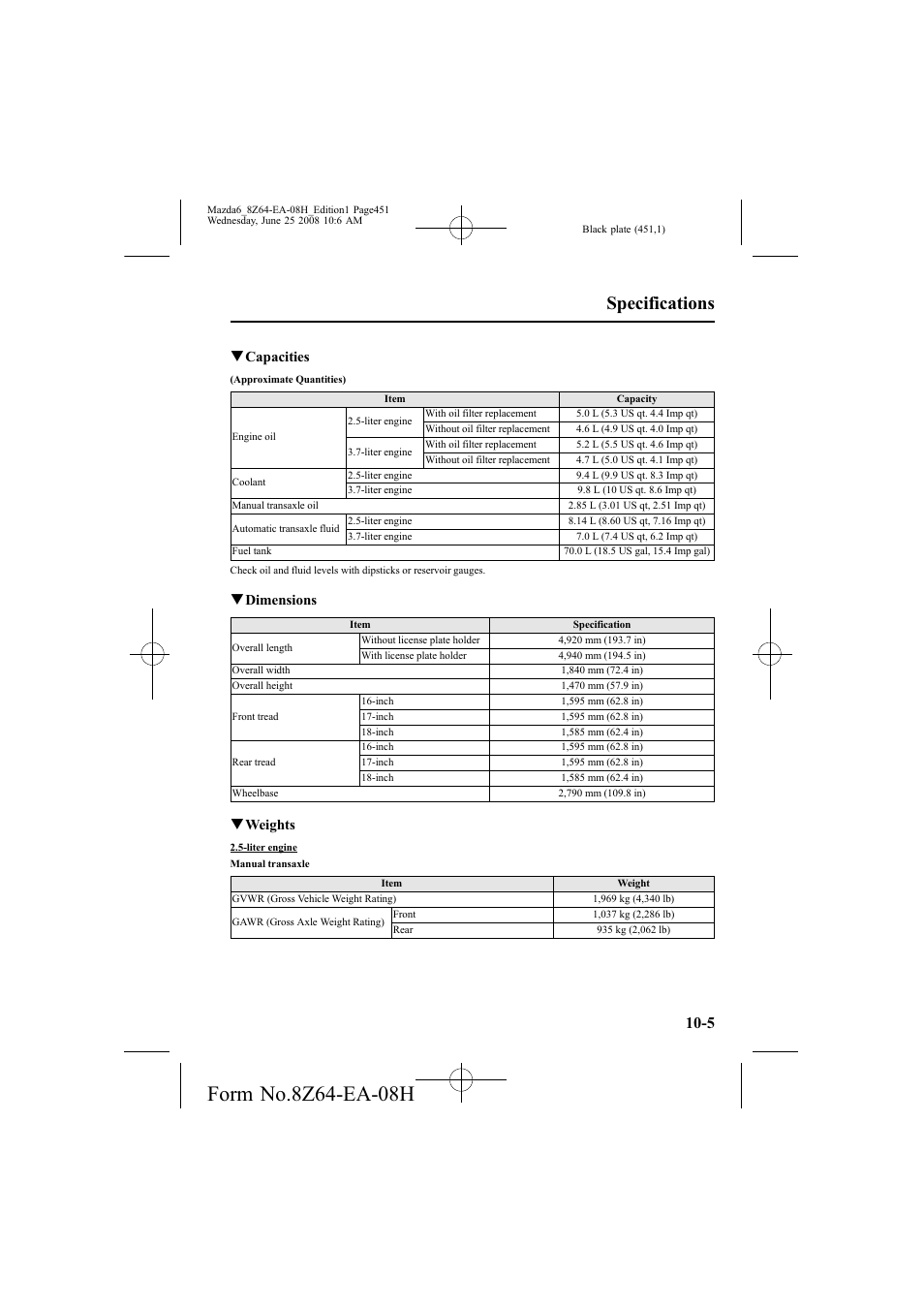 Specifications, Qcapacities, Qdimensions | Qweights | Mazda 2009 6 User Manual | Page 451 / 464