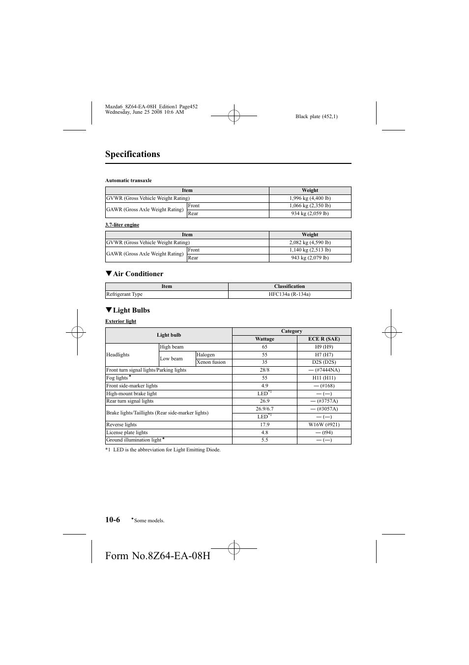 Specifications, Qair conditioner, Qlight bulbs | Mazda 2009 6 User Manual | Page 452 / 464