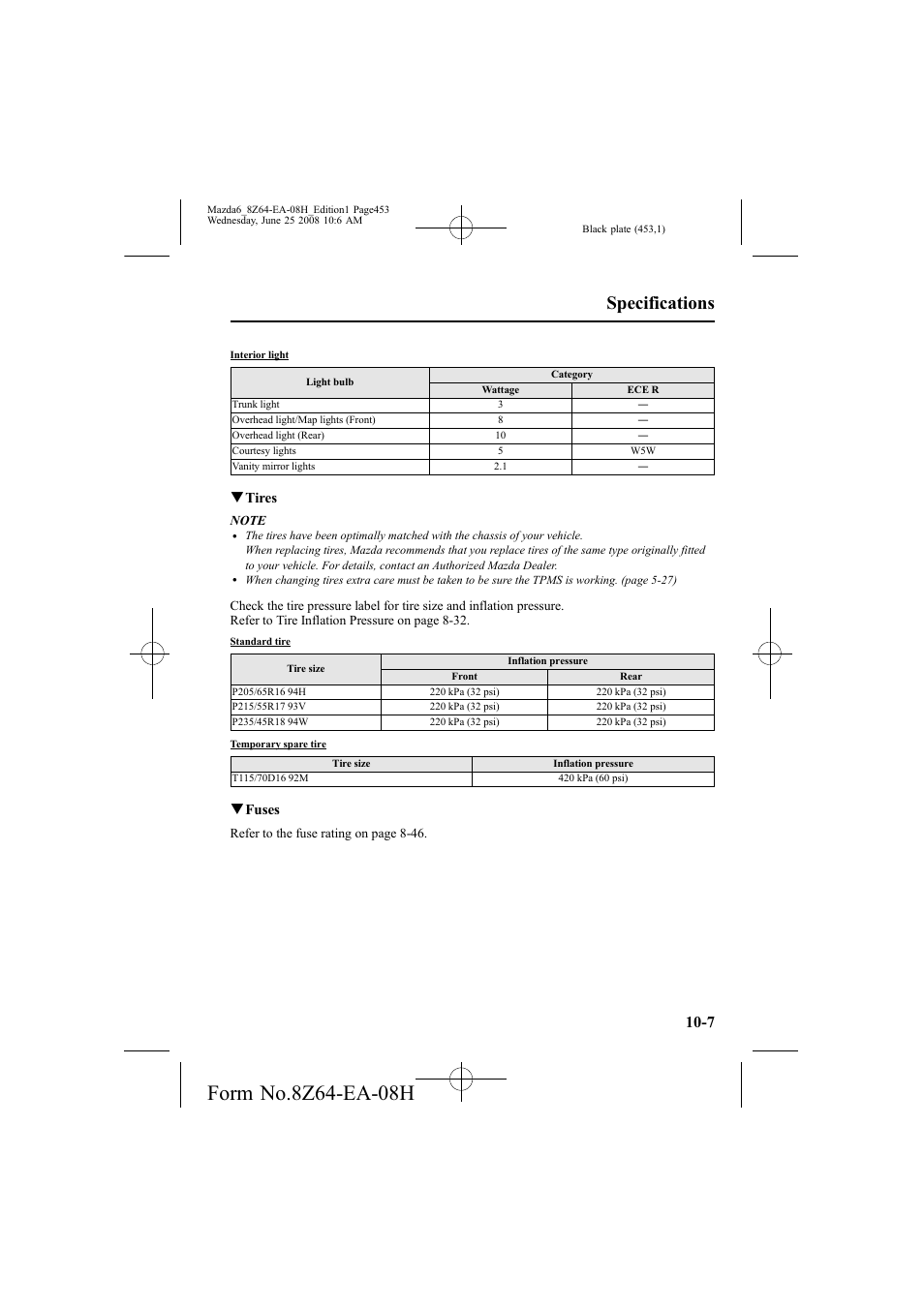 Specifications, Qtires, Qfuses | Mazda 2009 6 User Manual | Page 453 / 464