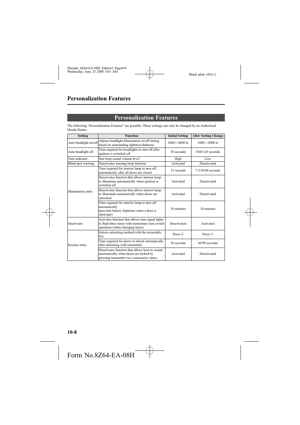 Personalization features | Mazda 2009 6 User Manual | Page 454 / 464
