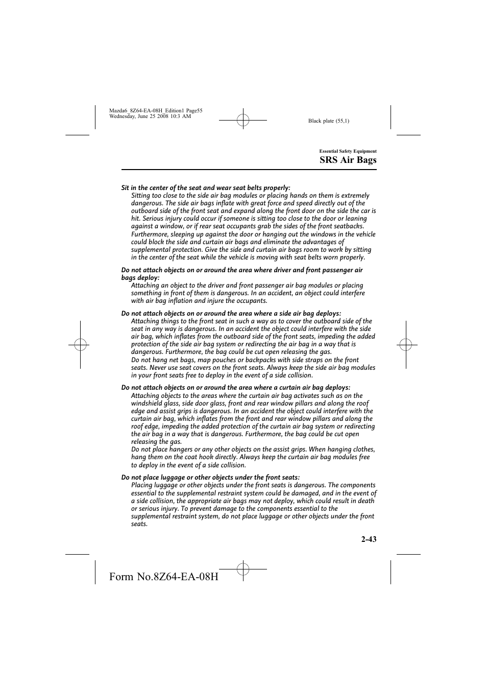 Srs air bags | Mazda 2009 6 User Manual | Page 55 / 464