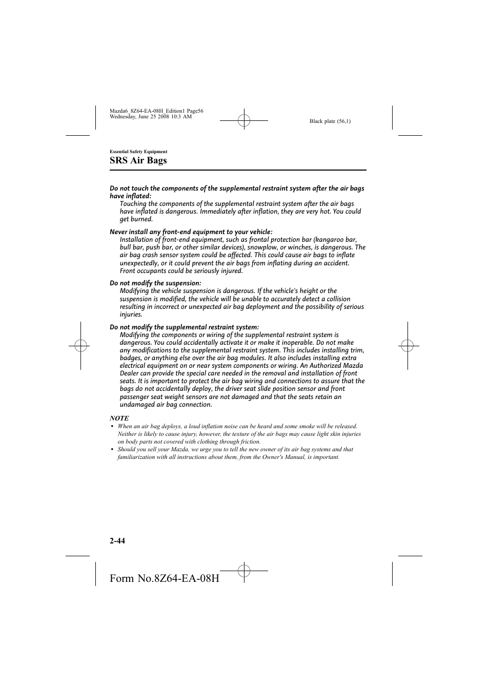 Srs air bags | Mazda 2009 6 User Manual | Page 56 / 464