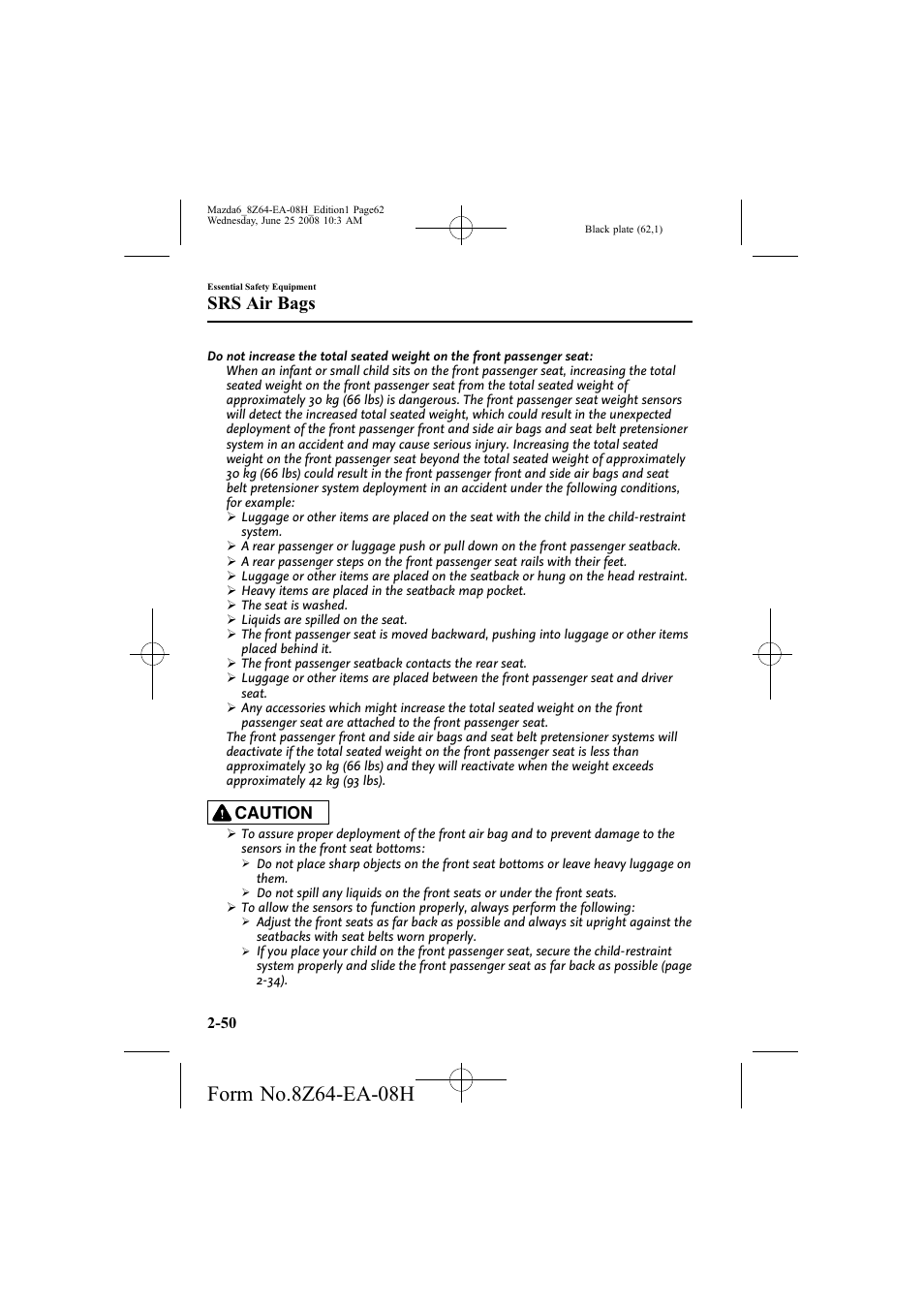 Srs air bags, Caution | Mazda 2009 6 User Manual | Page 62 / 464