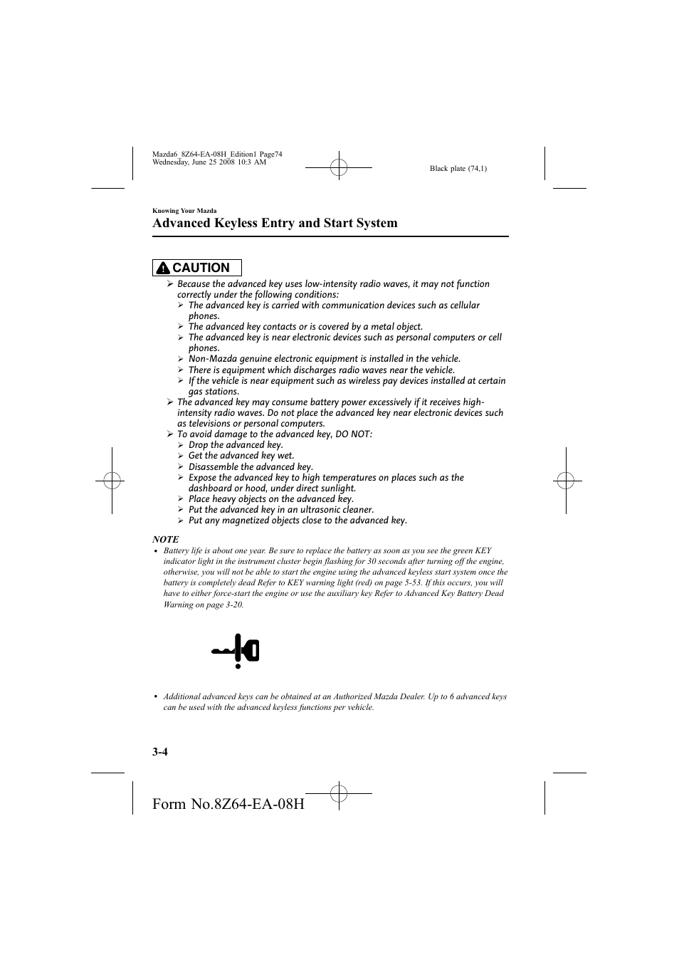 Advanced keyless entry and start system, Caution | Mazda 2009 6 User Manual | Page 74 / 464