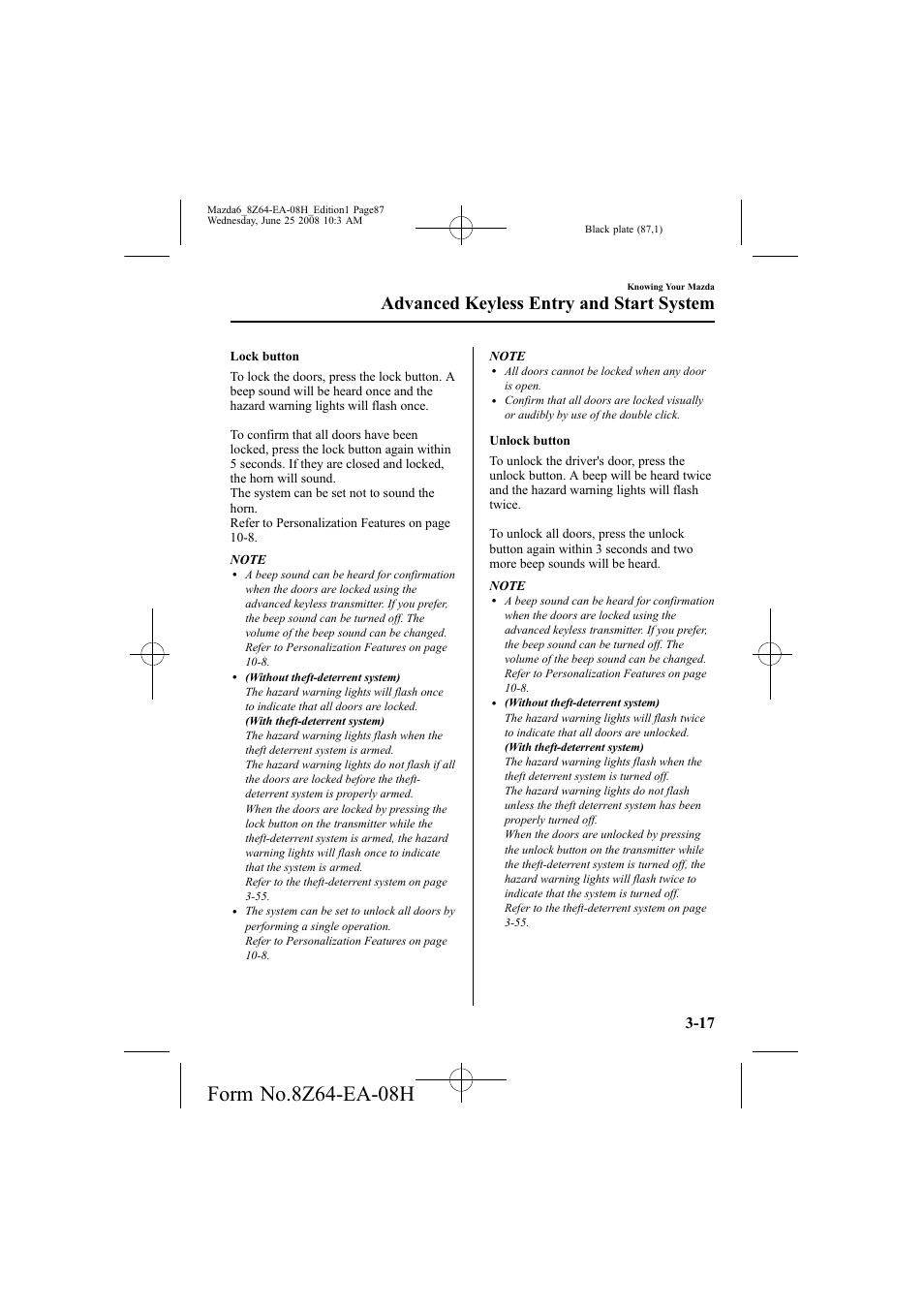 Advanced keyless entry and start system | Mazda 2009 6 User Manual | Page 87 / 464