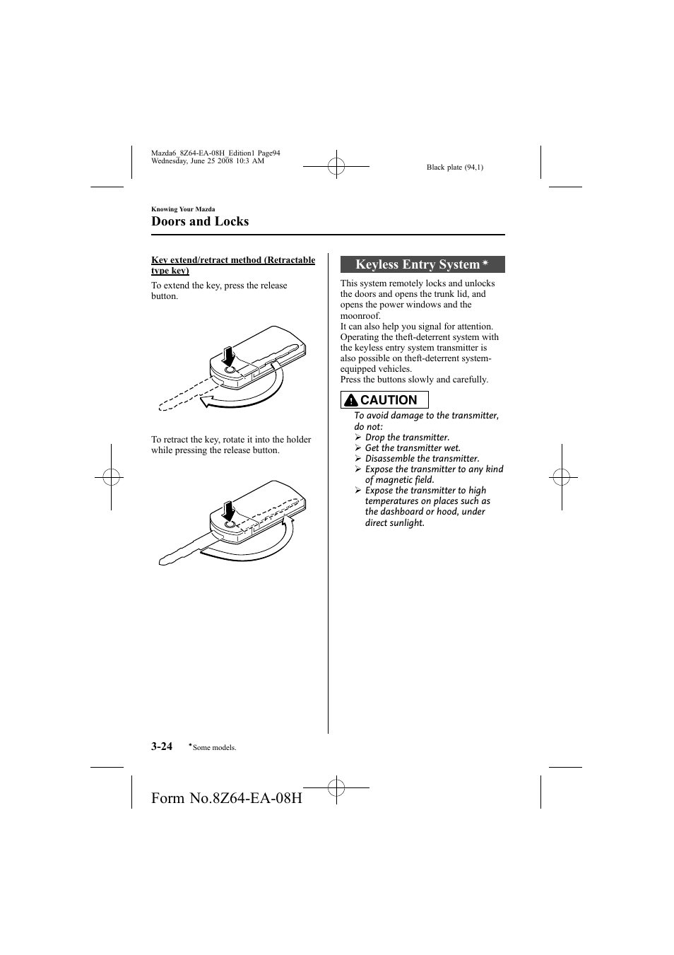 Keyless entry system, Doors and locks, Caution | Mazda 2009 6 User Manual | Page 94 / 464