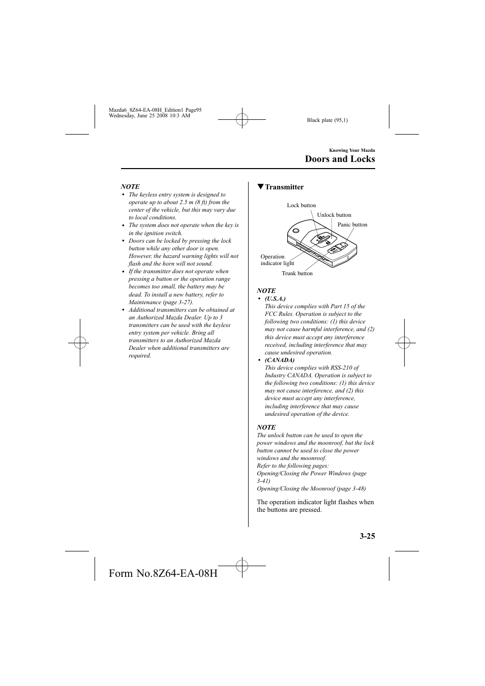 Doors and locks, Qtransmitter | Mazda 2009 6 User Manual | Page 95 / 464