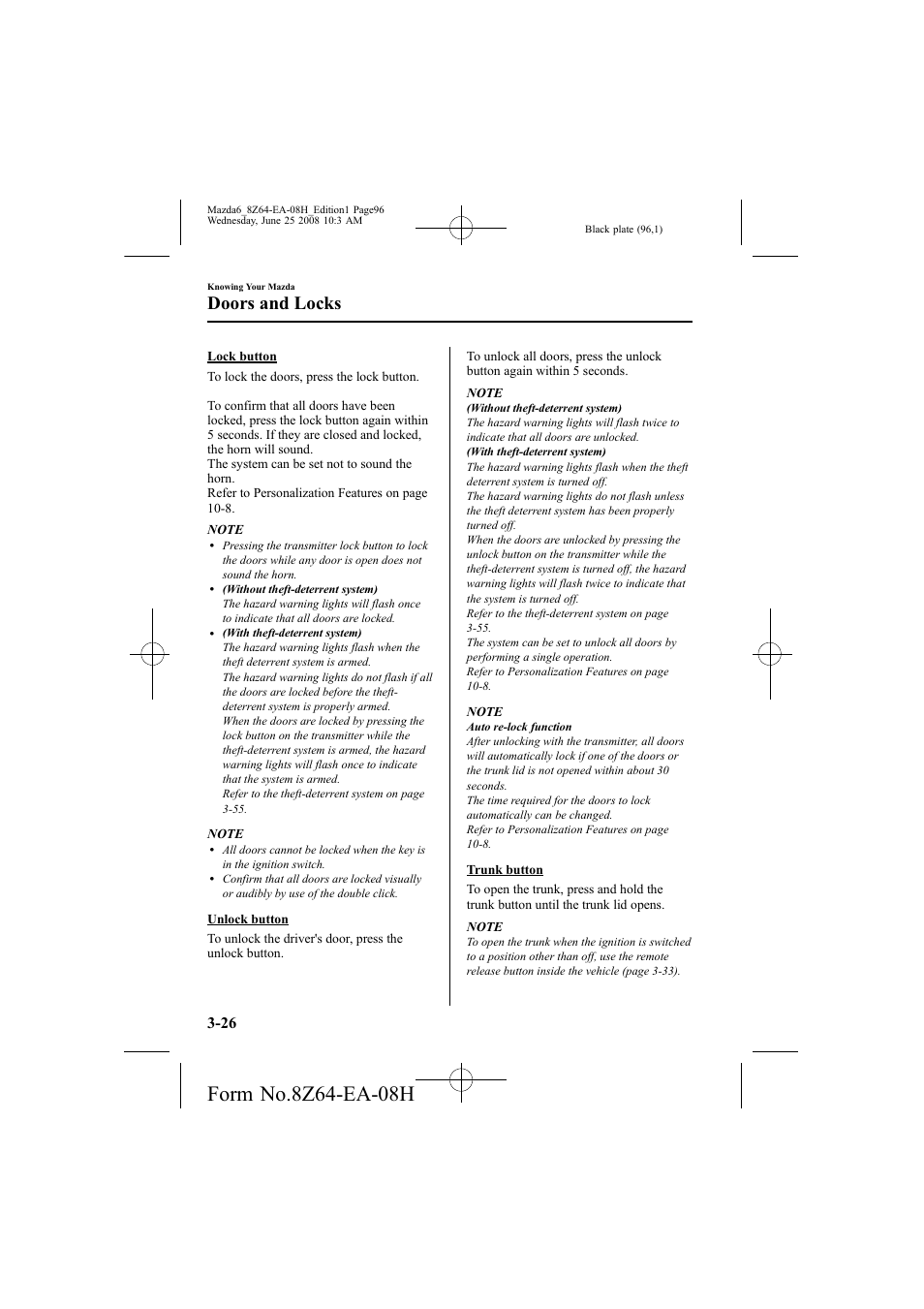 Doors and locks | Mazda 2009 6 User Manual | Page 96 / 464