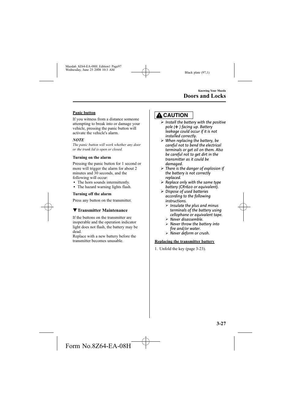 Doors and locks, Caution | Mazda 2009 6 User Manual | Page 97 / 464