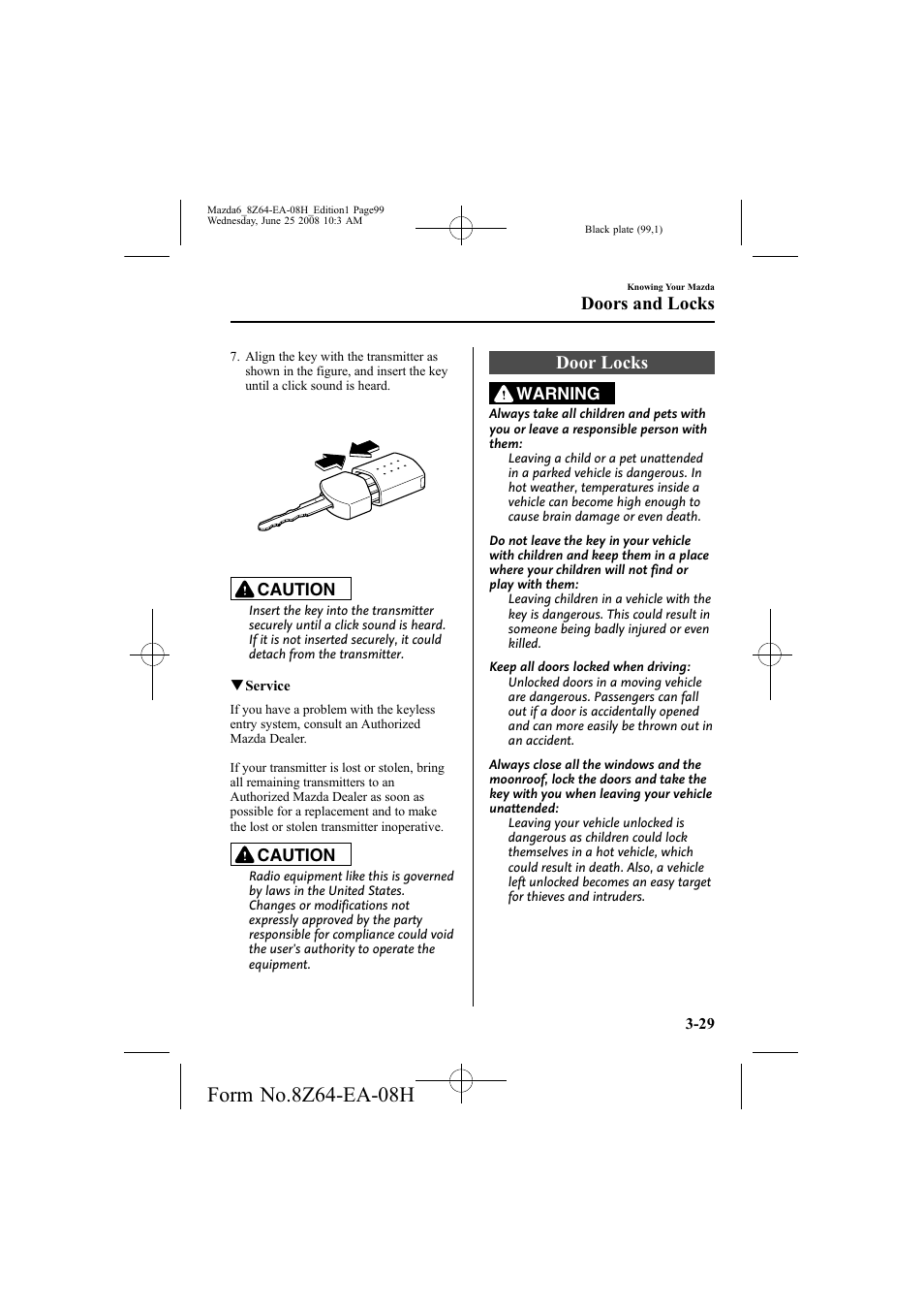 Door locks, Doors and locks | Mazda 2009 6 User Manual | Page 99 / 464