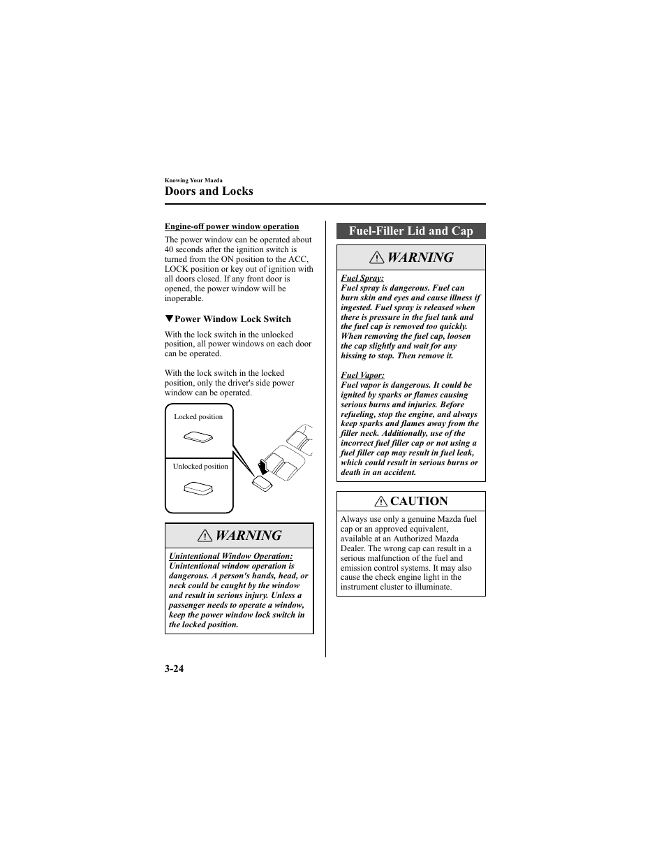 Warning, Fuel-filler lid and cap, Caution | Doors and locks | Mazda 2005 6 SPORTS SEDAN User Manual | Page 100 / 340