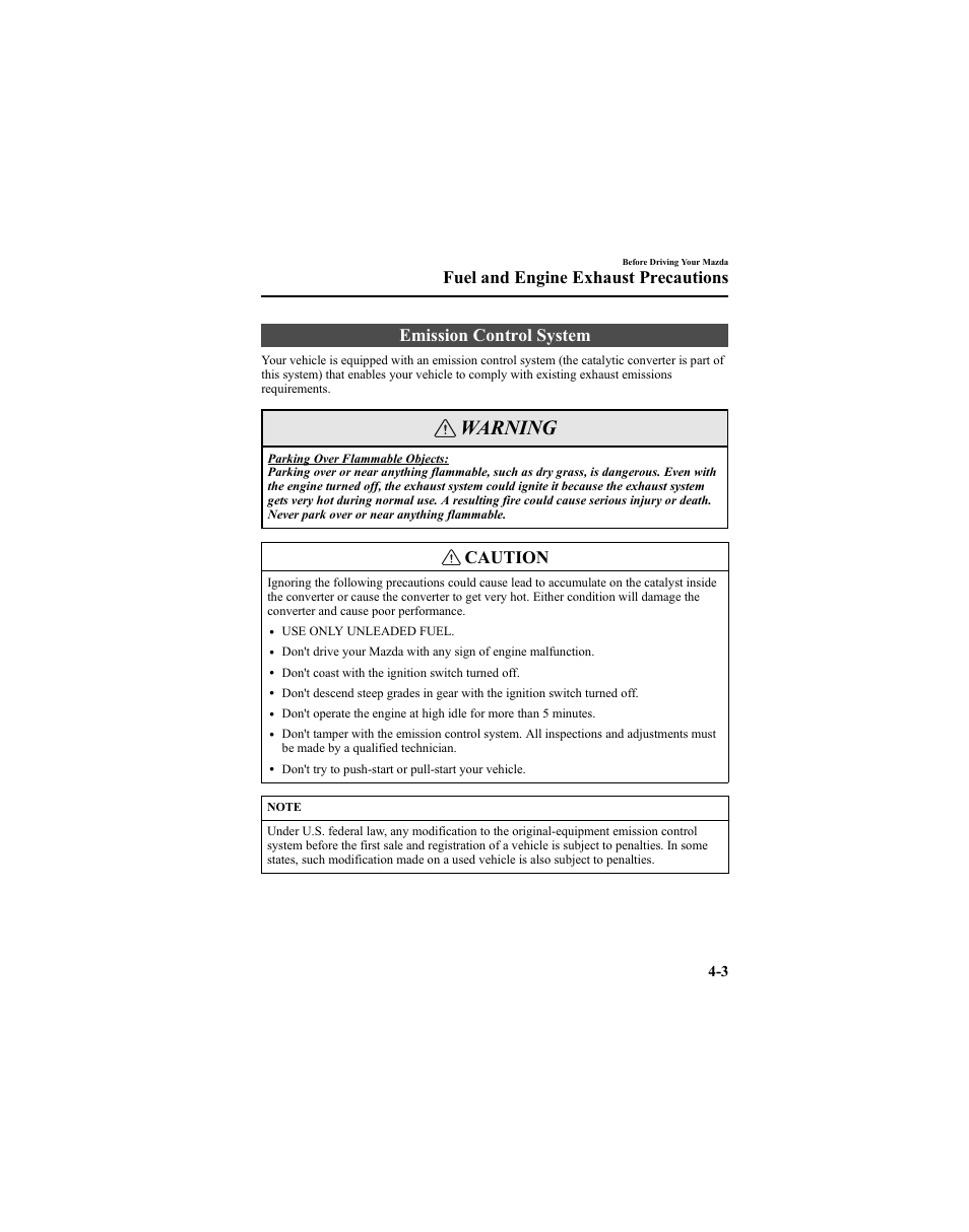 Warning, Emission control system, Caution | Fuel and engine exhaust precautions | Mazda 2005 6 SPORTS SEDAN User Manual | Page 115 / 340