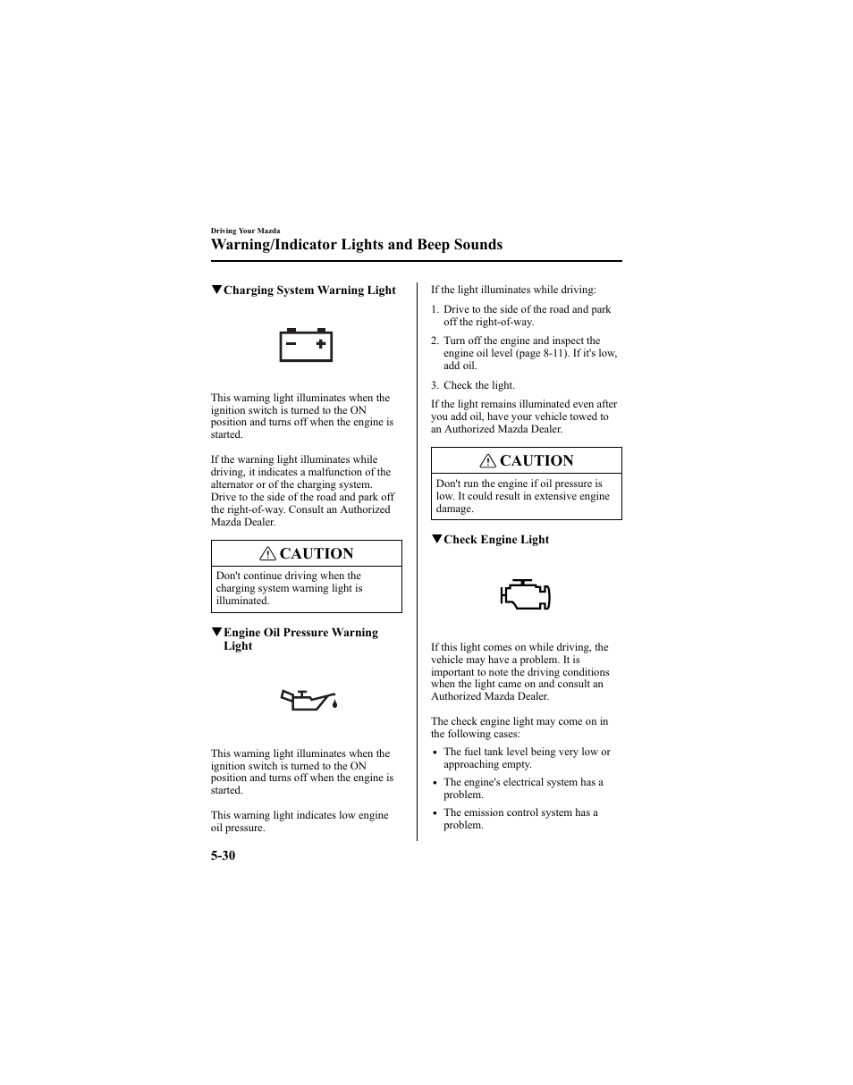 Caution, Warning/indicator lights and beep sounds | Mazda 2005 6 SPORTS SEDAN User Manual | Page 154 / 340