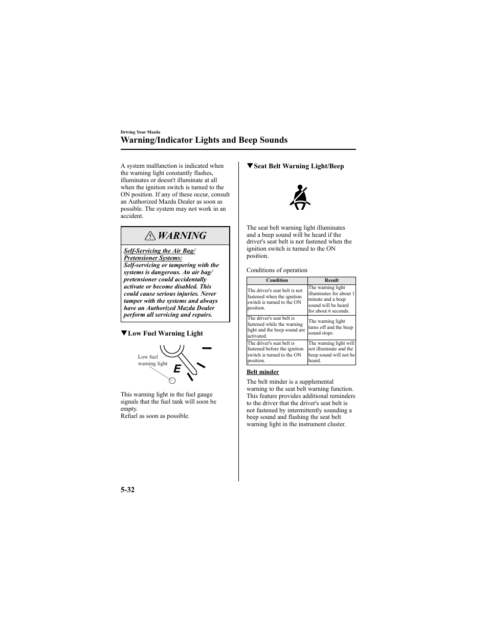 Warning, Warning/indicator lights and beep sounds | Mazda 2005 6 SPORTS SEDAN User Manual | Page 156 / 340