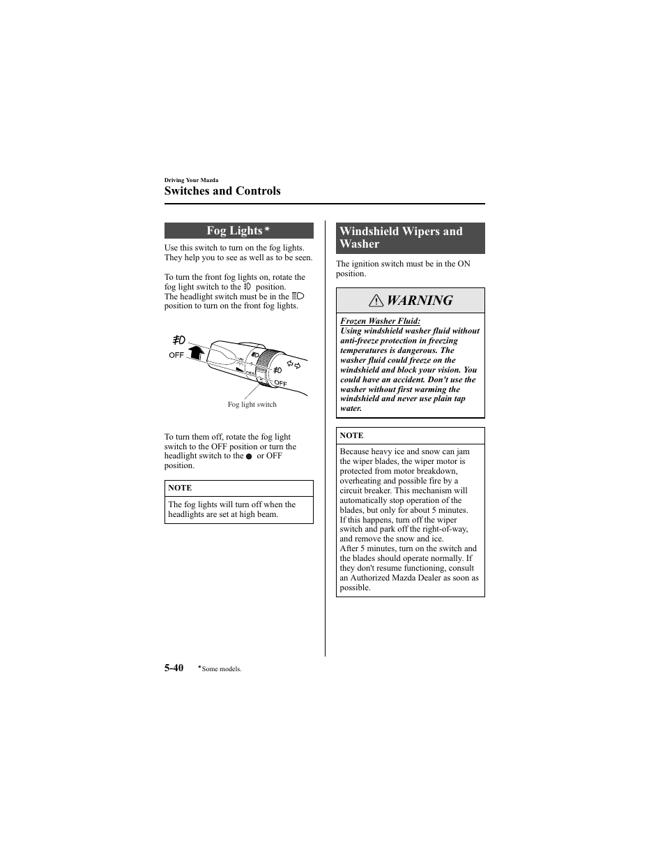 Warning, Fog lights, Windshield wipers and washer | Switches and controls | Mazda 2005 6 SPORTS SEDAN User Manual | Page 164 / 340