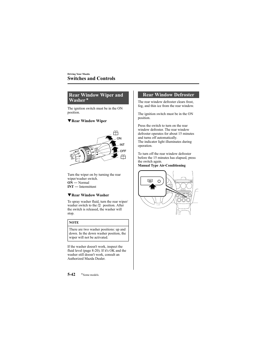 Rear window wiper and washer, Rear window defroster, Switches and controls | Mazda 2005 6 SPORTS SEDAN User Manual | Page 166 / 340