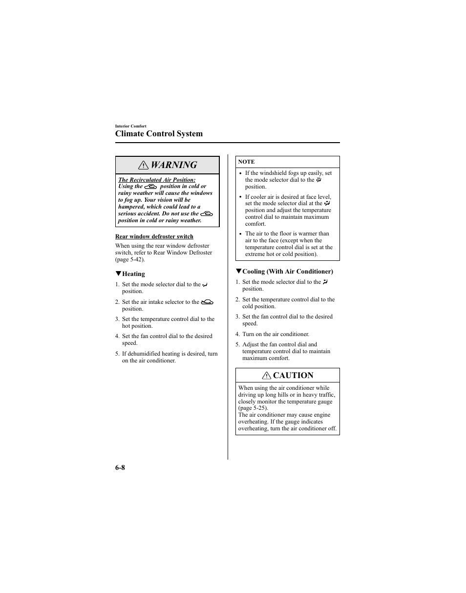 Warning, Caution, Climate control system | Mazda 2005 6 SPORTS SEDAN User Manual | Page 180 / 340