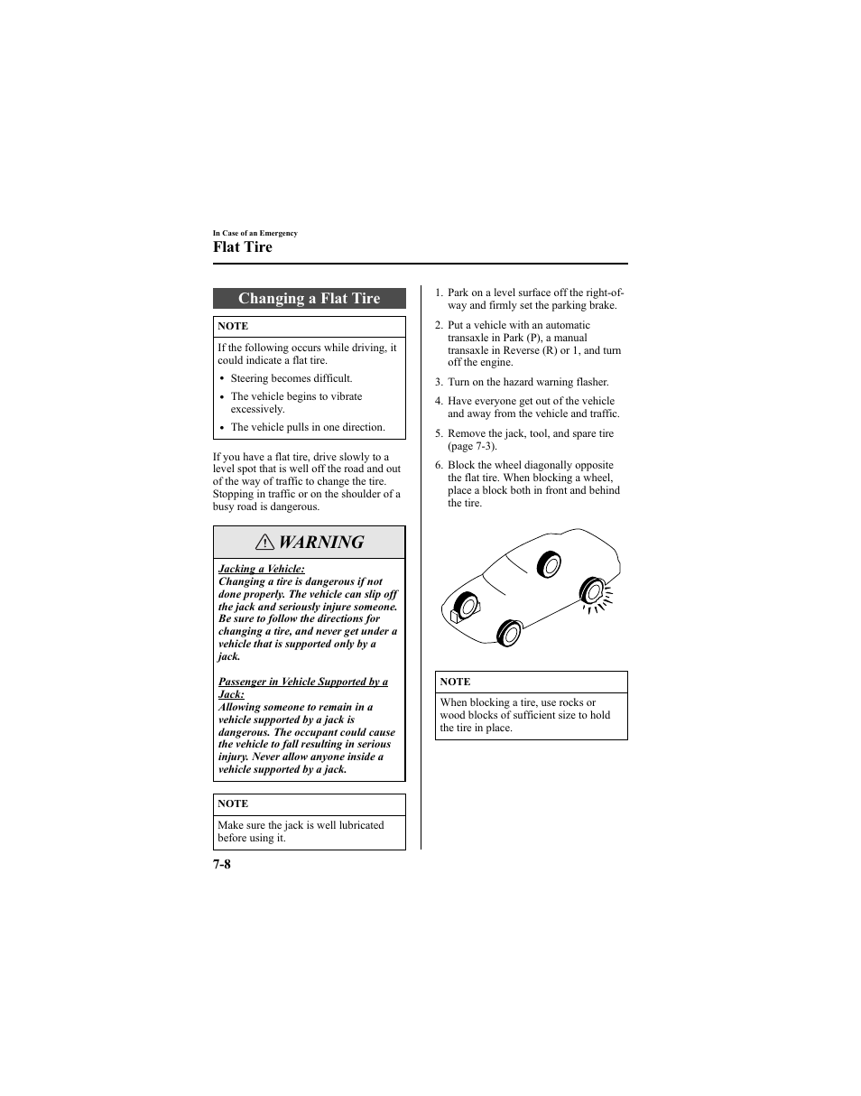 Warning, Changing a flat tire, Flat tire | Mazda 2005 6 SPORTS SEDAN User Manual | Page 236 / 340