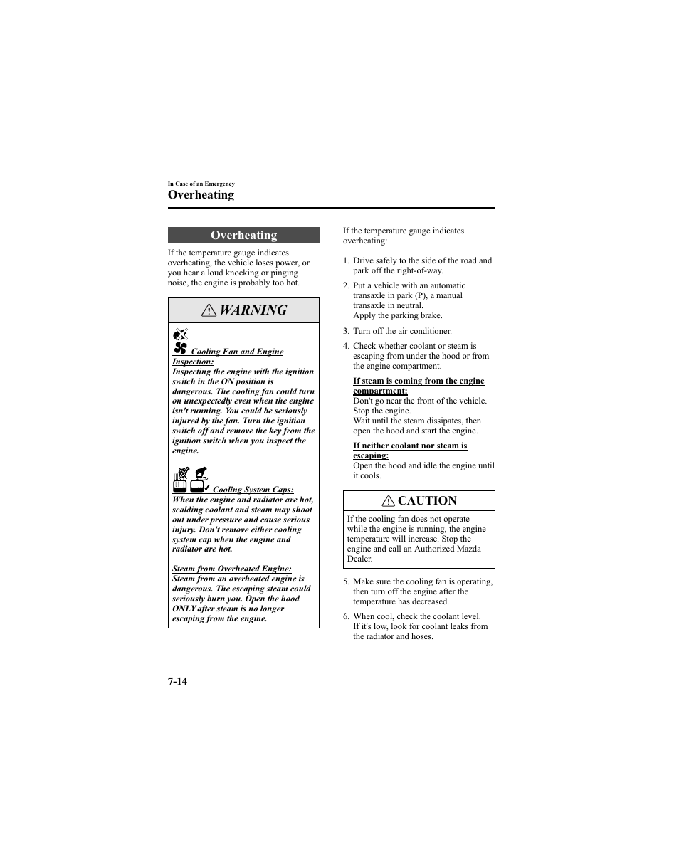 Warning, Overheating, Caution | Mazda 2005 6 SPORTS SEDAN User Manual | Page 242 / 340