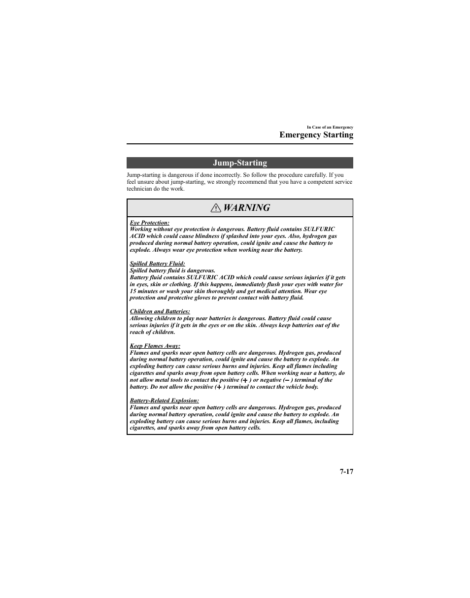 Warning, Jump-starting, Emergency starting | Mazda 2005 6 SPORTS SEDAN User Manual | Page 245 / 340