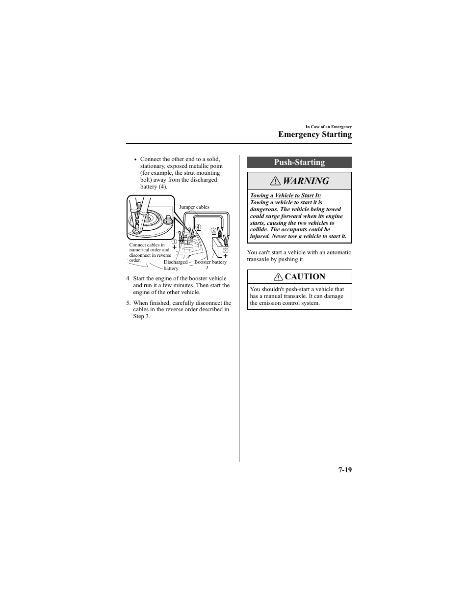 Warning, Push-starting, Caution | Emergency starting | Mazda 2005 6 SPORTS SEDAN User Manual | Page 247 / 340