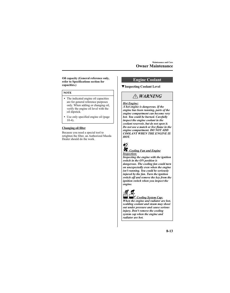 Warning, Engine coolant, Owner maintenance | Mazda 2005 6 SPORTS SEDAN User Manual | Page 263 / 340