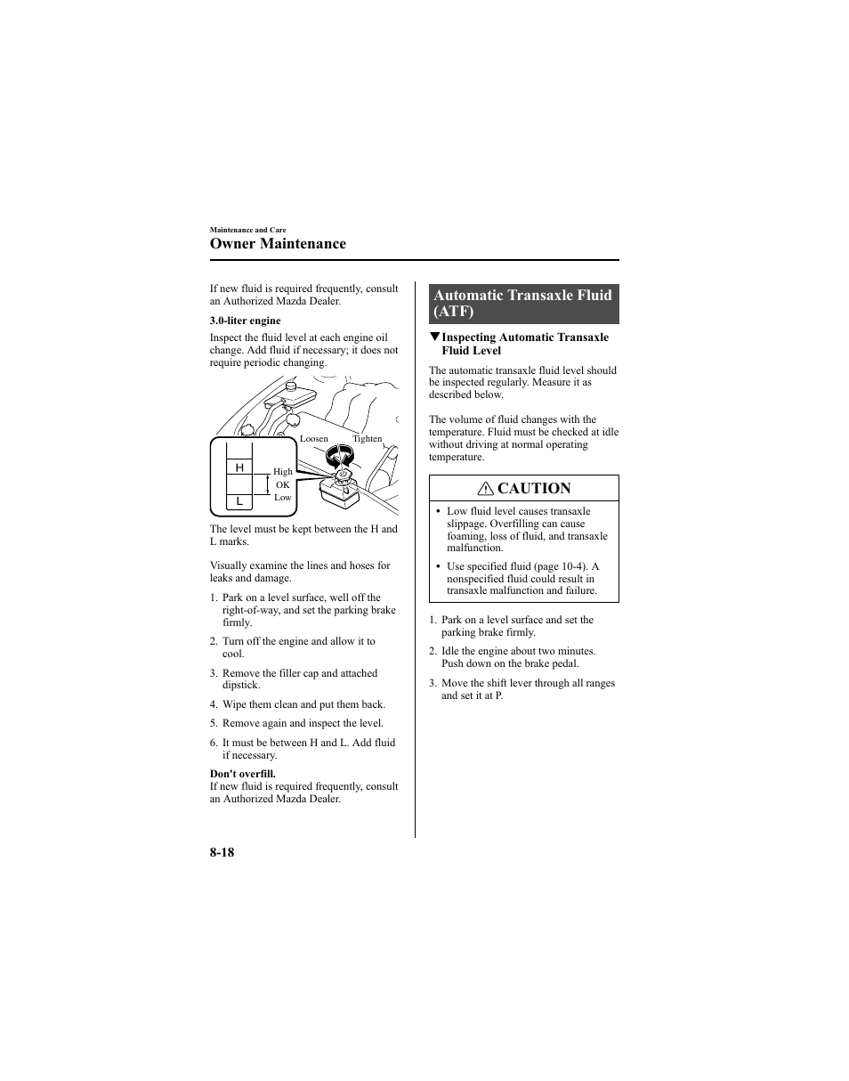 Automatic transaxle fluid (atf), Caution, Owner maintenance | Mazda 2005 6 SPORTS SEDAN User Manual | Page 268 / 340