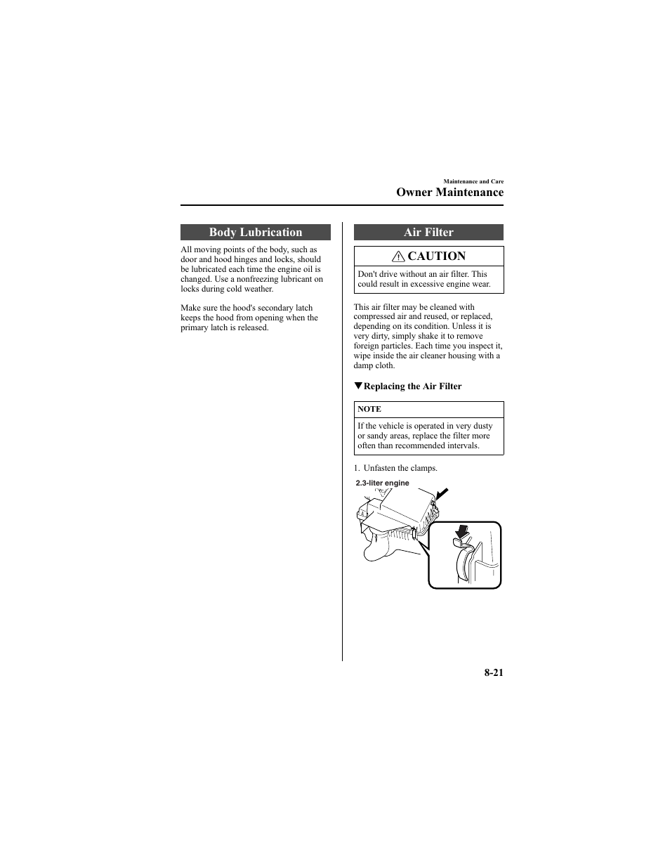 Body lubrication, Air filter caution, Owner maintenance | Mazda 2005 6 SPORTS SEDAN User Manual | Page 271 / 340