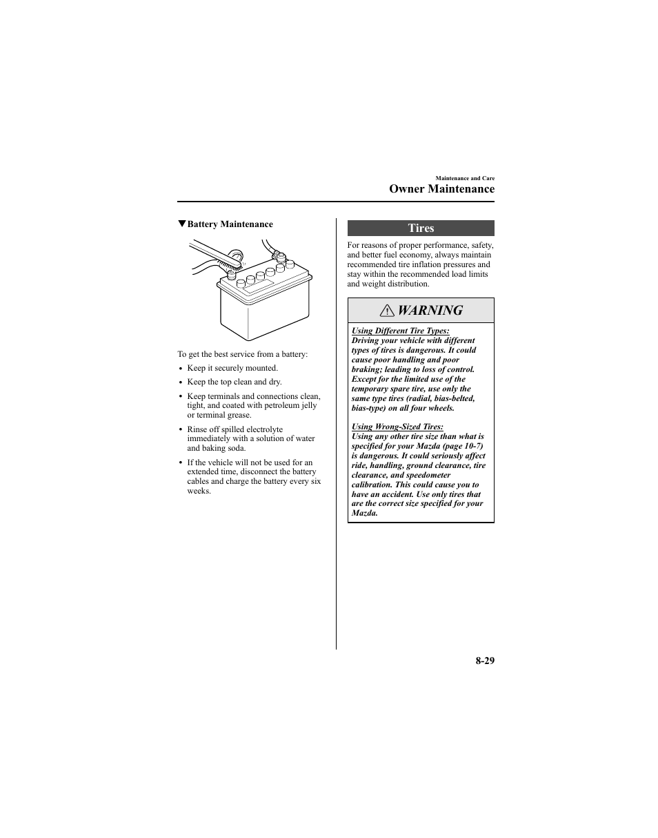 Warning, Tires, Owner maintenance | Mazda 2005 6 SPORTS SEDAN User Manual | Page 279 / 340